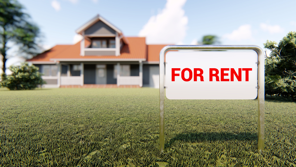 Real estate sign for rent and house in background 3D rendering